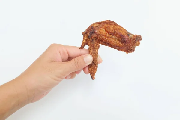 Close Woman Hand Holding Fried Chicken Wings White Dish Iaolate — Fotografia de Stock