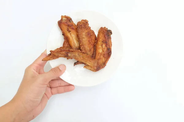 Woman Hand Holding Fried Chicken Wings White Dish White Background — Stock Photo, Image
