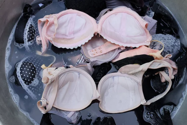 Women Bras Underwear Soaked Aluminum Basin Prepared Wash Clean — Stock fotografie