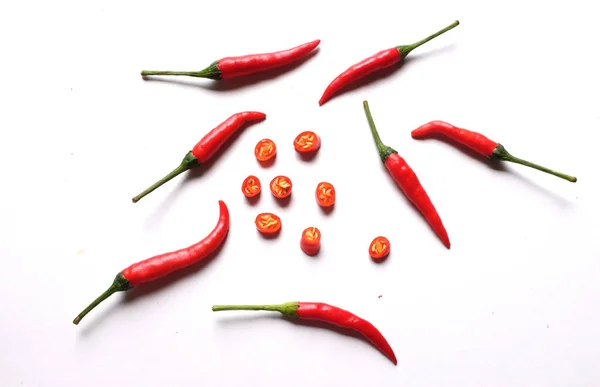 Ripe Red Hot Chili Peppers Cut Pieces Vegetable Isolated White — Photo