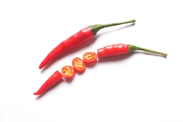 Ripe Red Hot Chili Peppers Cut Pieces Vegetable Isolated White — Zdjęcie stockowe