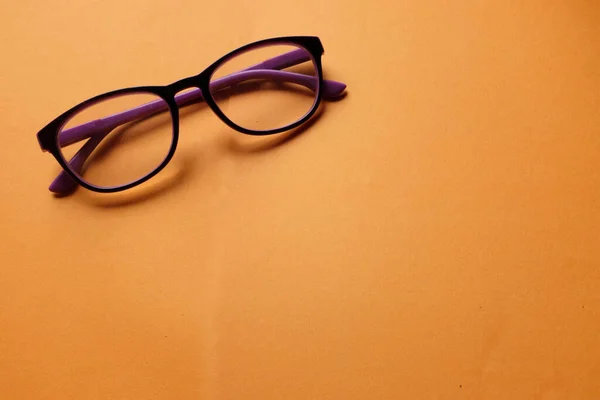 Copy Space Purple Framed Eyeglasses Isolate Orange Background — 스톡 사진