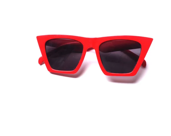 Top View Flat Lay Red Frame Sunglasses White Background Accessories — 스톡 사진