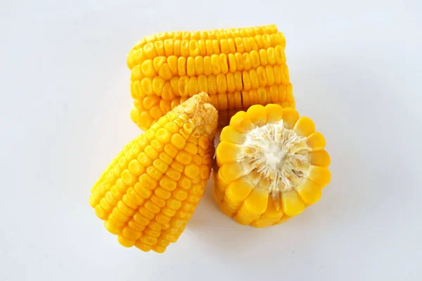 Top View Flat Lay Delicious Boiled Sweet Corn Isolate White — Stock Photo, Image