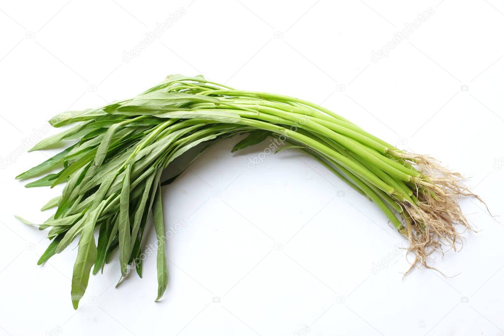 top view and flat lay of fresh green water spinach , chinese spinach or morning glory vegetable on isolated white background .concept of healthy nutrition and vitamins