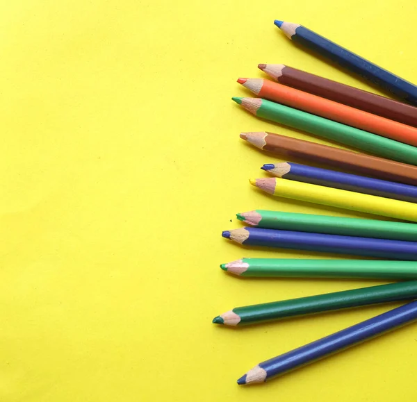 Top View Flat Lay Colored Pencils Isolate Yellow Background School — Stockfoto