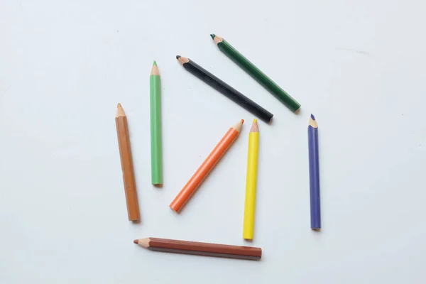 Top View Flat Lay Colored Pencils Isolate White Background School — Fotografia de Stock