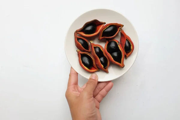 Woman Hand Holding Fresh Chestnuts Sterculia Monosperma Red Peel White — Stock fotografie