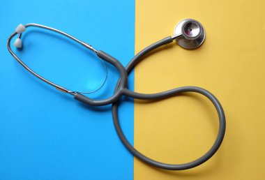 tpp view a Stethoscope or phonendoscope, medical device for auscultation, medical medical device on on the doctor's table. Healthcare concept.Background for doctor's day or international nurses day. 