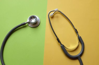 tpp view a Stethoscope or phonendoscope, medical device for auscultation, medical medical device on on the doctor's table. Healthcare concept.Background for doctor's day or international nurses day. 
