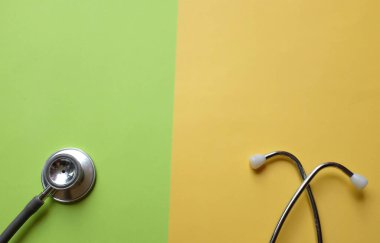 tpp view a Stethoscope or phonendoscope, medical device for auscultation, medical medical device on on the doctor's table. Healthcare concept.Background for doctor's day or international nurses day. 