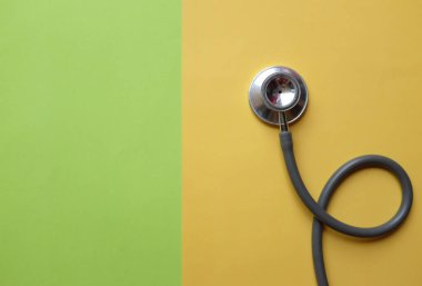 tpp view a Stethoscope or phonendoscope, medical device for auscultation, medical medical device on on the doctor's table. Healthcare concept.Background for doctor's day or international nurses day. 