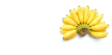 Uzay kadını parmak muzu ve altın muz, sidik mas muz, musa sapientum, beyaz arka planda izole. Sağlıklı muz meyvesi.