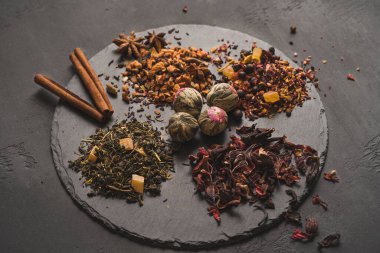 Çayın çeşitli türlerinin yiyecek arka planı, yakın plan, makro