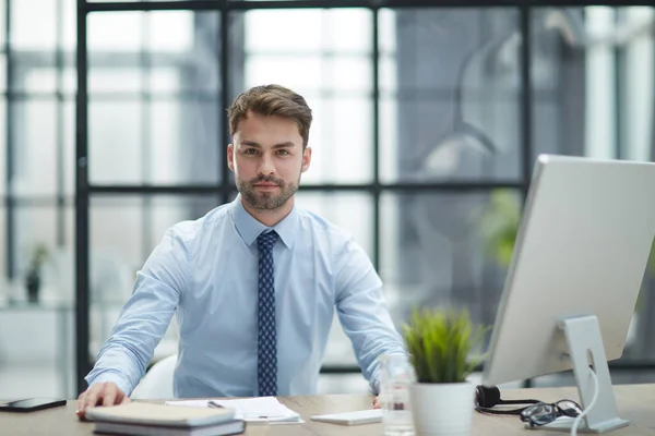 Joven Empresario Alegre Que Trabaja Oficina — Foto de Stock