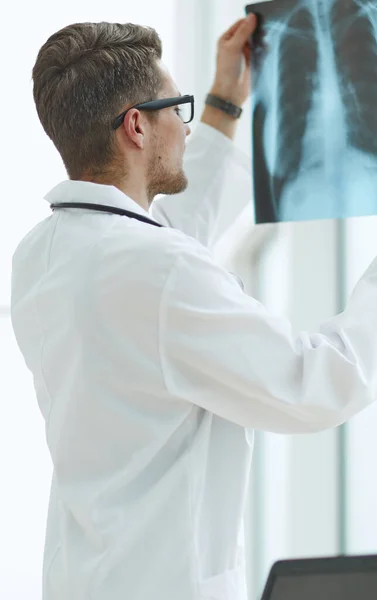 Male Doctor Glass Radiologist Examines Rays Medical Office — Stock Photo, Image