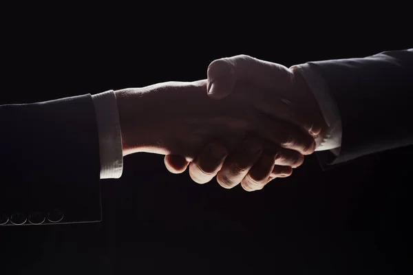 Photo Two Men Shaking Hands Black Background — Stockfoto