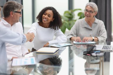 Cheerful businesswoman shaking hands with colleague