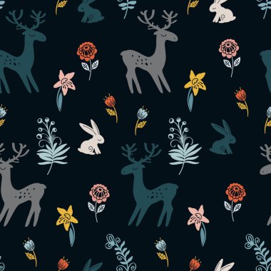 Siyah arka planda çiçek çayırında sevimli geyikler ve tavşanlar olan desen. Tekstil, tipografi ve farklı yazdırma türleri için kusursuz desen.