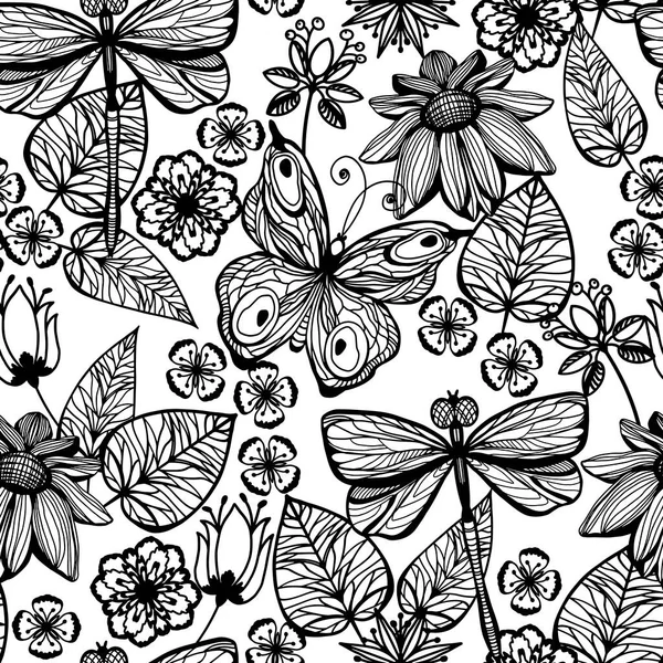 Nahtloser Hintergrund Mit Schmetterlingen Libellen Und Blumen Schwarz Und Weiß — Stockfoto