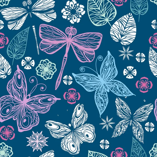 Seamless Background Butterflies Dragonflies Flowers Pattern Various Types Printing Textiles — Fotografia de Stock