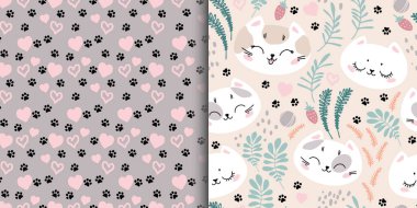 A set of two seamless patterns with cute cat faces and cat footprints. Ornament for children's textiles, typography.Web