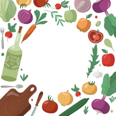 Elle çizilmiş sebze pişirme çerçevesi veya sınırında fotokopi alanı var. Metin, kafe, restoran veya yemek kitabı için düz tasarım arkaplanı