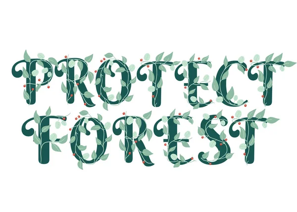 Proteggere Dattiloscritto Foresta Con Foglie Rami Disegnati Mano Illustrazione Vettoriale — Vettoriale Stock