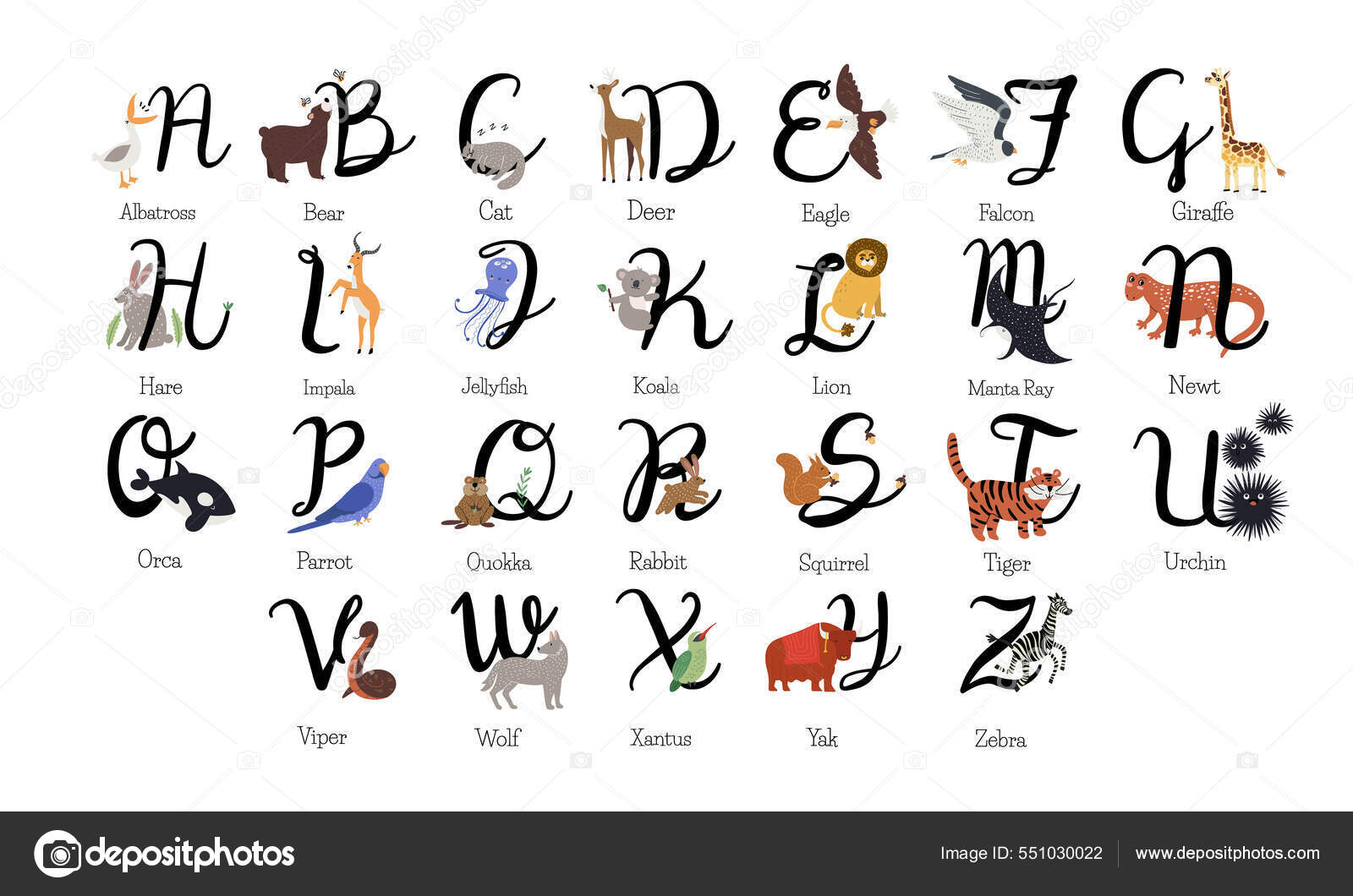 Set Full English Alphabet Animal Names Hand Drawn Cute Childish ...