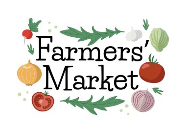 Çiftçi pazarı tipografisi el yazısı taze sebzeler çiziyor. Biyolojik ürünler izole edilmiş vektör illüstrasyonu