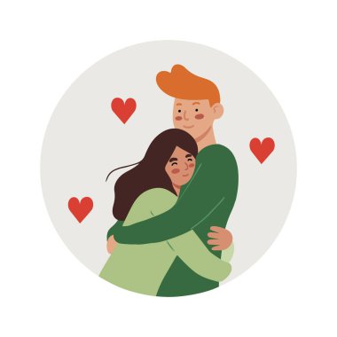 Cute couple hugging, ginger boy and brown haired girl, circle shape vector illustration clipart