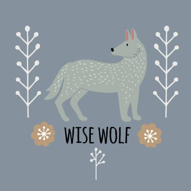 Orman çalılıklarında üzerinde yazı yazan açık gri kurt yazılı el yazısıyla ya da parmak iziyle. İskandinav tarzı vektör çizimi