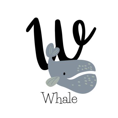 Balinanın büyük harfi W, gri mutlu balina, hayvan isimli çocukça alfabe.