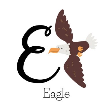 Uçan Kel Kartal 'ın büyük harfi E, kuş isimli çocukça alfabe, el çizimi vektör çizimi