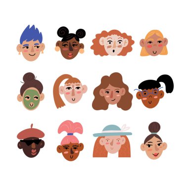 Farklı kızlar ve kadınlarla set şirin çizgi film tarzında baş avatarlar, izole vektör illüstrasyonu