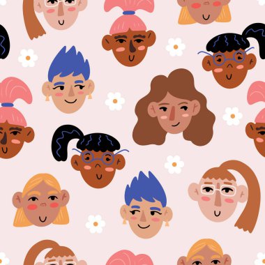 Çizgi film tarzında farklı kızlar ve papatya çiçekleri ile el çizimi kusursuz desen 