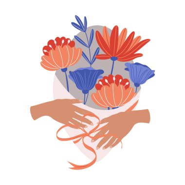 Güzel çiçekleri olan elleri tutmak, kart veya selamlama için izole vektör şablonu