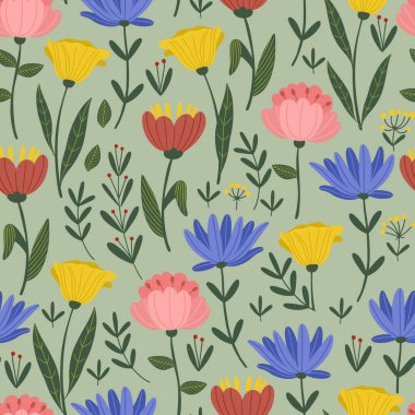 Çiçek tarlası el çizimi vektör pürüzsüz desen, bir kök üzerinde farklı bahar çiçekleri