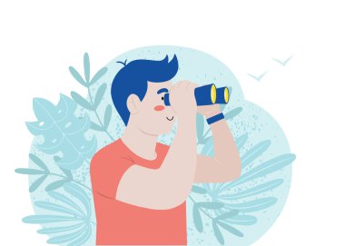 Genç adam kuşlara bakıyor, dürbünle etrafı keşfediyor izole edilmiş vektör illüstrasyonuyla.