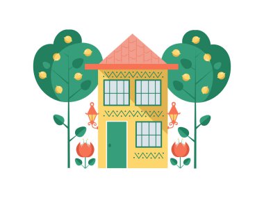 Limon ağaçları bahçeli, çiçekli şirin bir güney evi. Düz bir şekilde izole edilmiş vektör çizimi.