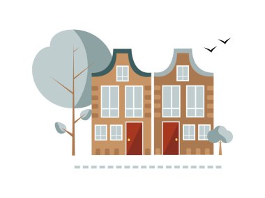 Avrupa mimarisi tarzında iki sevimli komşunun evi, sokak manzaralı. İzole edilmiş düz vektör çizimi