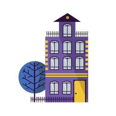 Düz stil çit ve ağaç ile şirin şehir binası, izole vektör çizimi