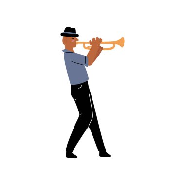 Mavi gömlekli el çizimi müzisyen, trompet çalıyor, karikatür karalama stili izole vektör çizimi
