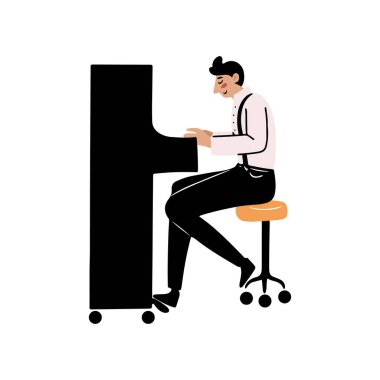 Piyano çalan el çizimi yakışıklı müzisyen, karikatür karalama stili izole vektör çizimi