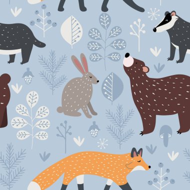 İskandinav tarzında çiçek takan orman hayvanlarıyla el çizimi kusursuz desen