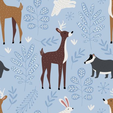 Geyik, porsuk, tavşan ve İskandinav tarzında botanik motifi gibi orman insanlarıyla el çizimi kusursuz bir model.