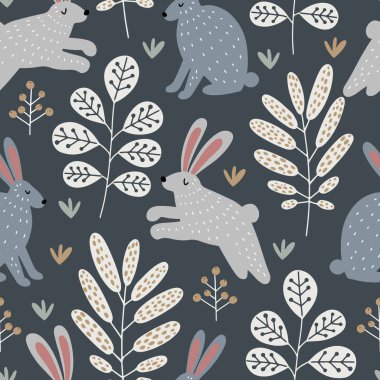 İskandinav tarzında ormanda gri tavşan ya da tavşanlarla el çizimi kusursuz desen