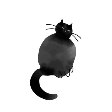 El çizimi siyah suluboya desenli kedi, minimalist mürekkep fırçası bıyıkları ve pençeleri ile, izole vektör çizimi