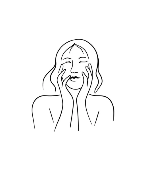 Hermosa Línea Dibujada Mujer Tocando Cara Sonriente Estilo Moderno Ilustración — Vector de stock