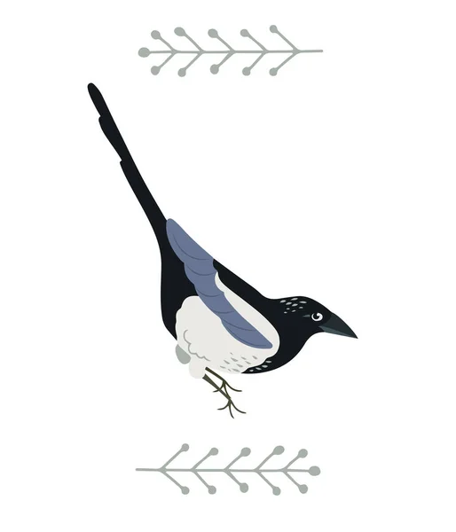 Oiseau Pie Dessiné Main Dans Style Plat Décoré Plantes Folkloriques — Image vectorielle